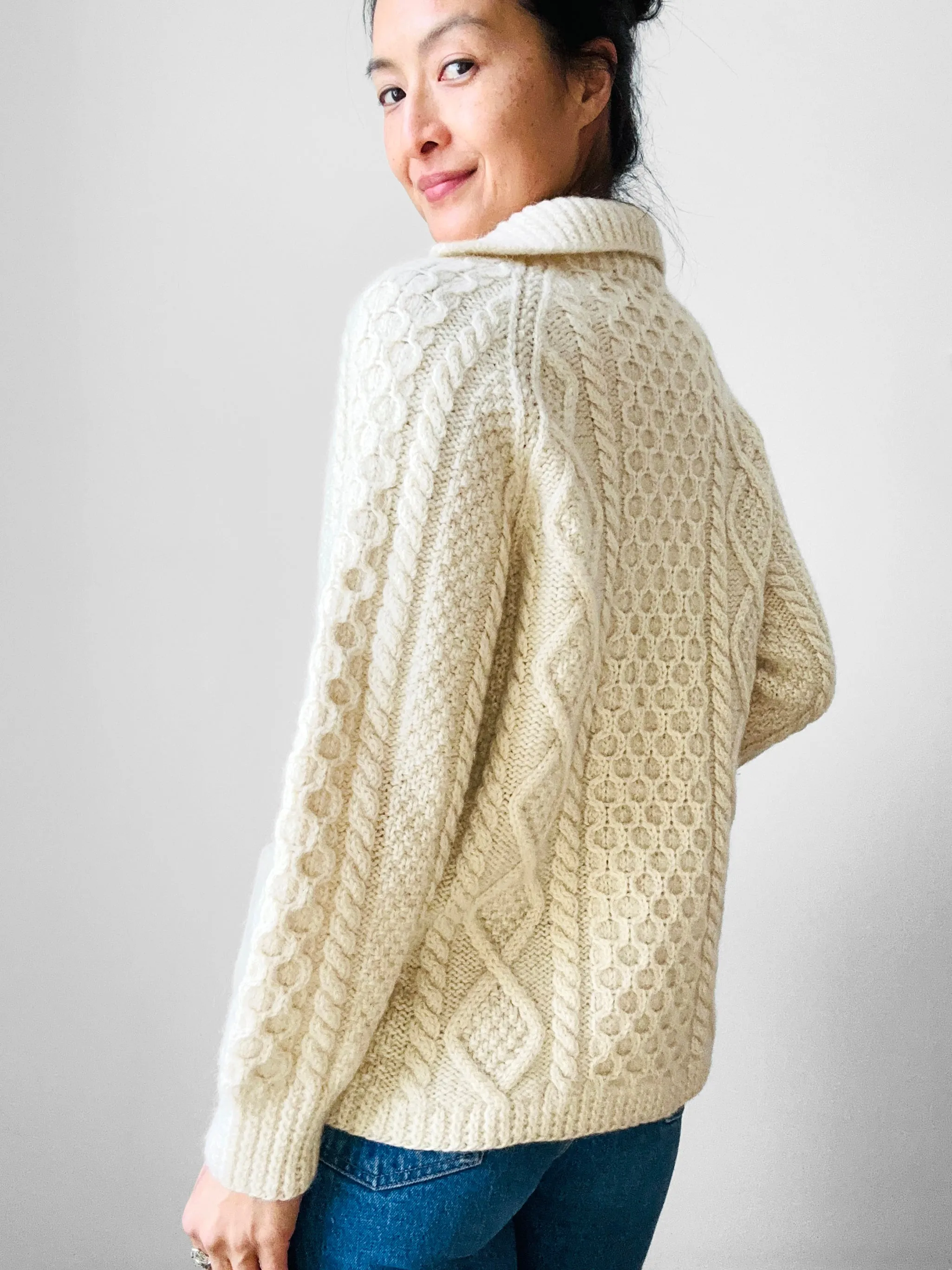 1970s Chunky Cream Wool Cable-Knit Faux Cardi Handmade Pullover Sweater - Sz. S/M