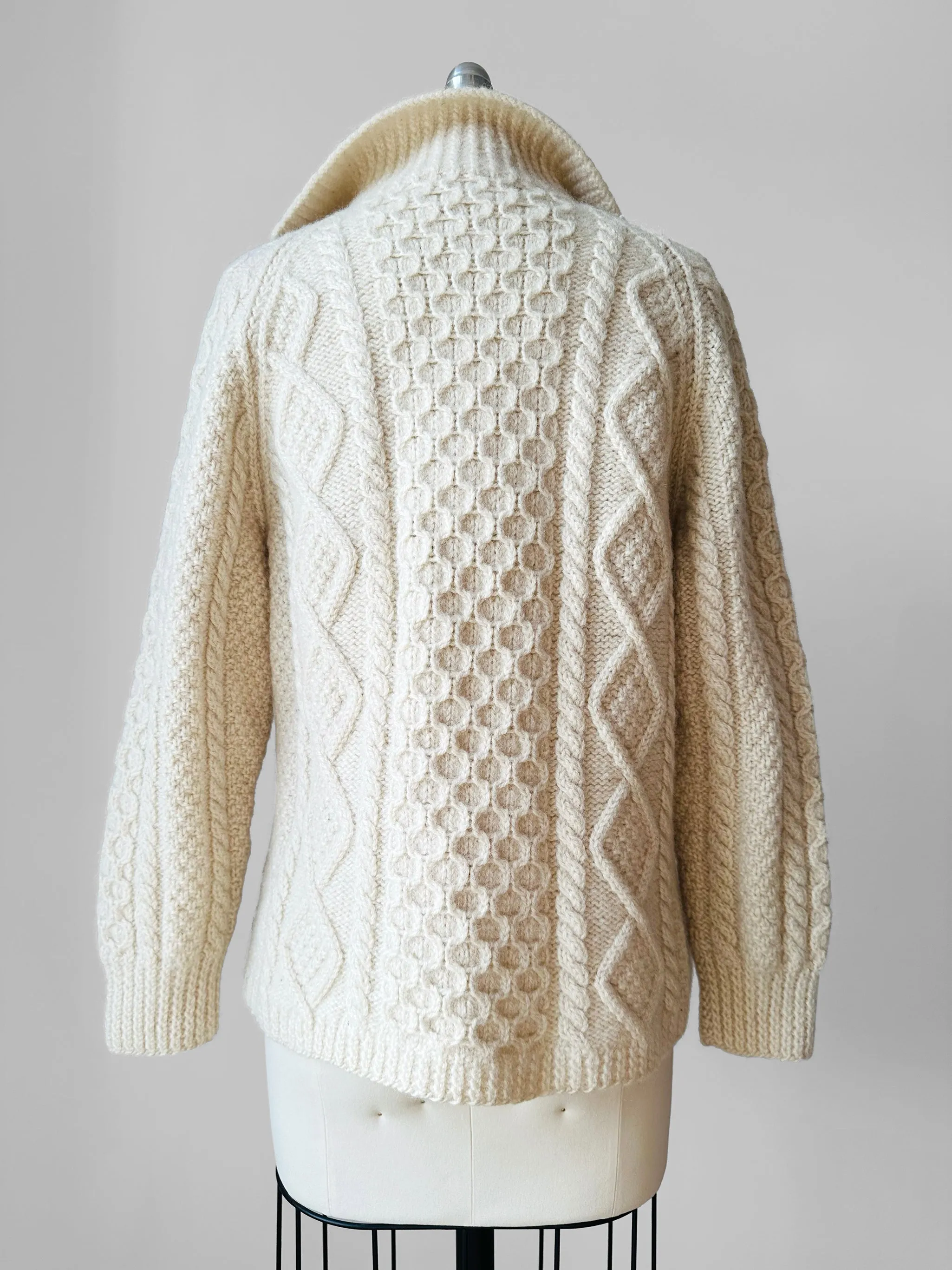 1970s Chunky Cream Wool Cable-Knit Faux Cardi Handmade Pullover Sweater - Sz. S/M