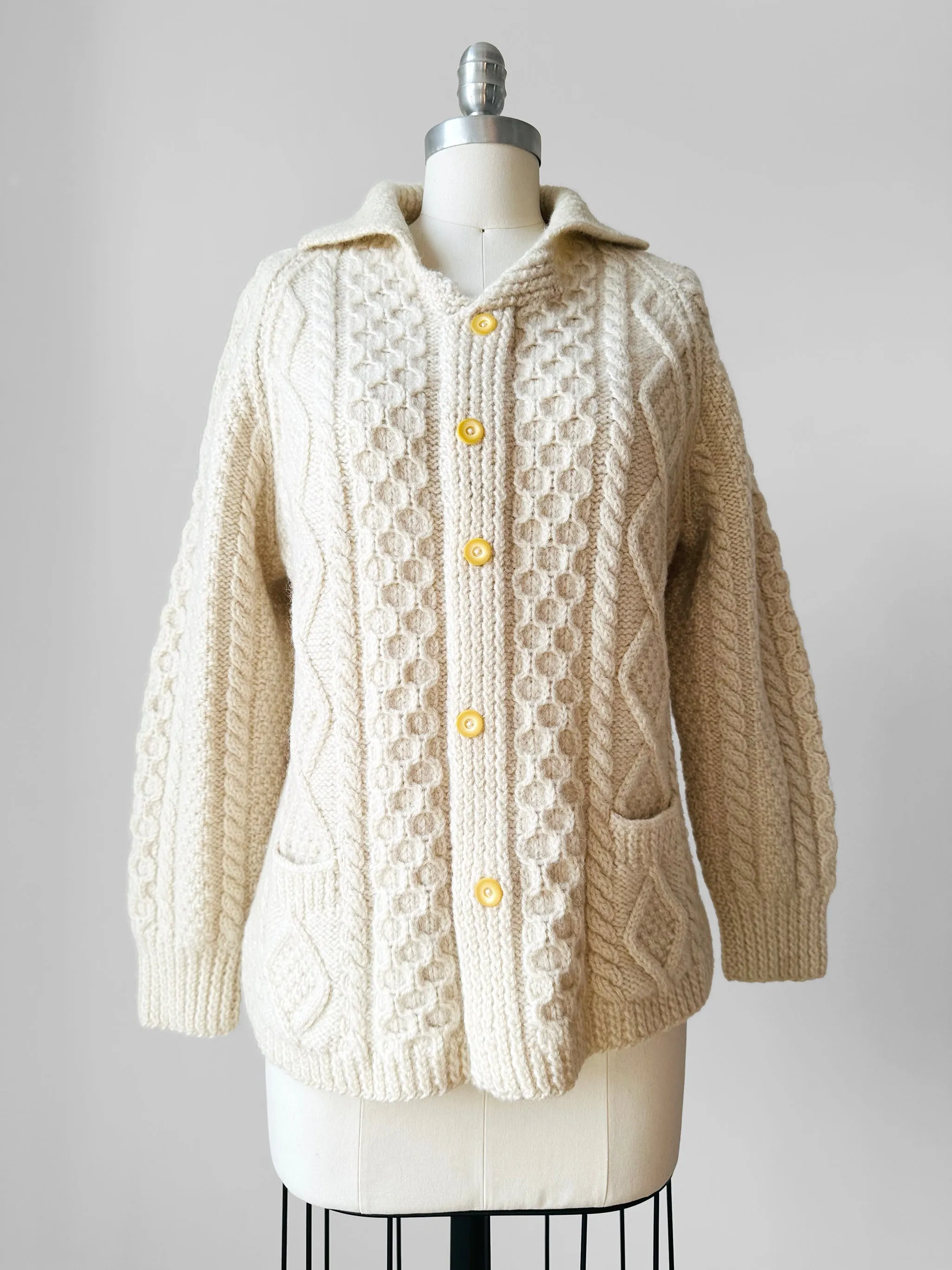 1970s Chunky Cream Wool Cable-Knit Faux Cardi Handmade Pullover Sweater - Sz. S/M