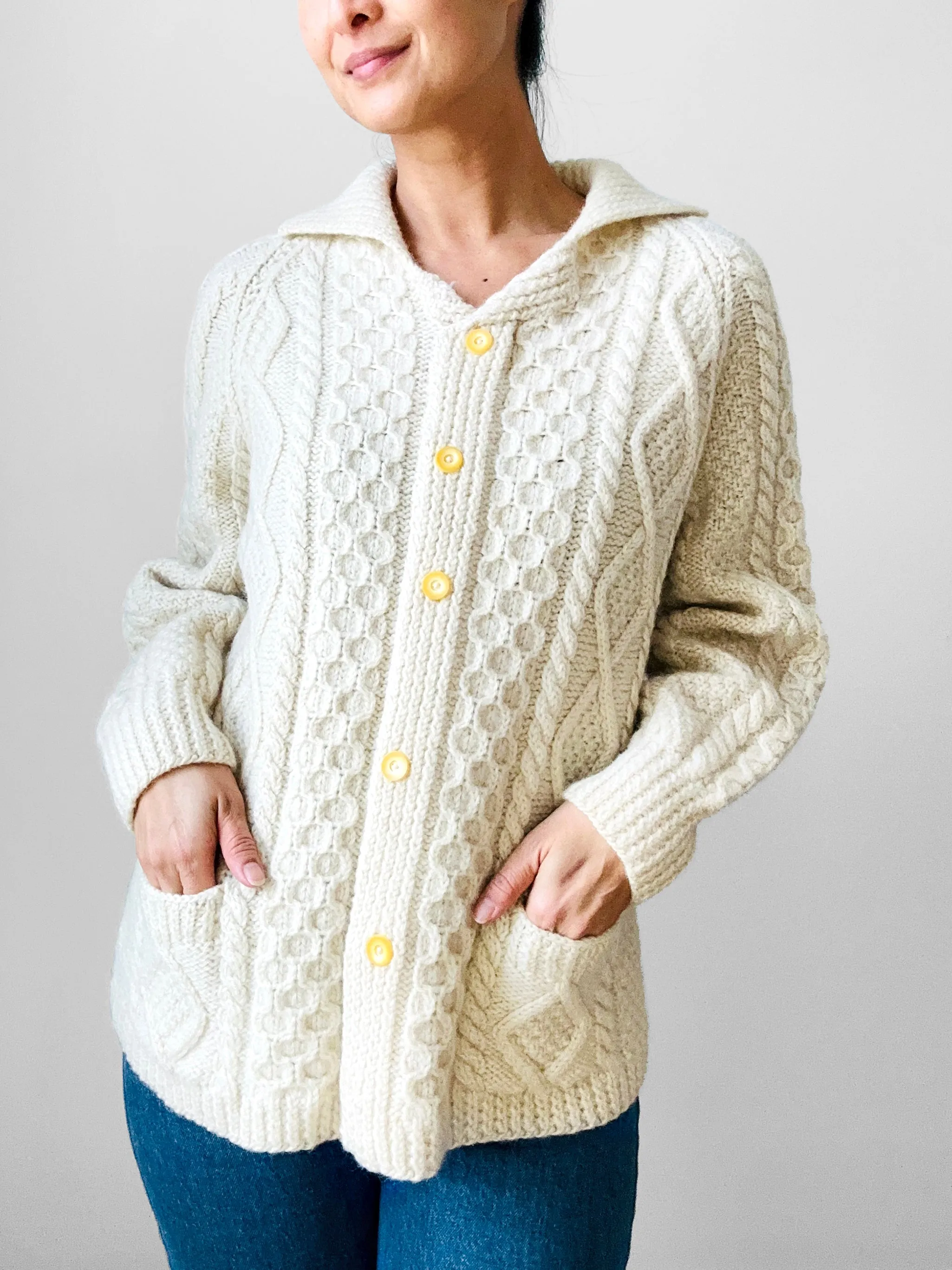 1970s Chunky Cream Wool Cable-Knit Faux Cardi Handmade Pullover Sweater - Sz. S/M