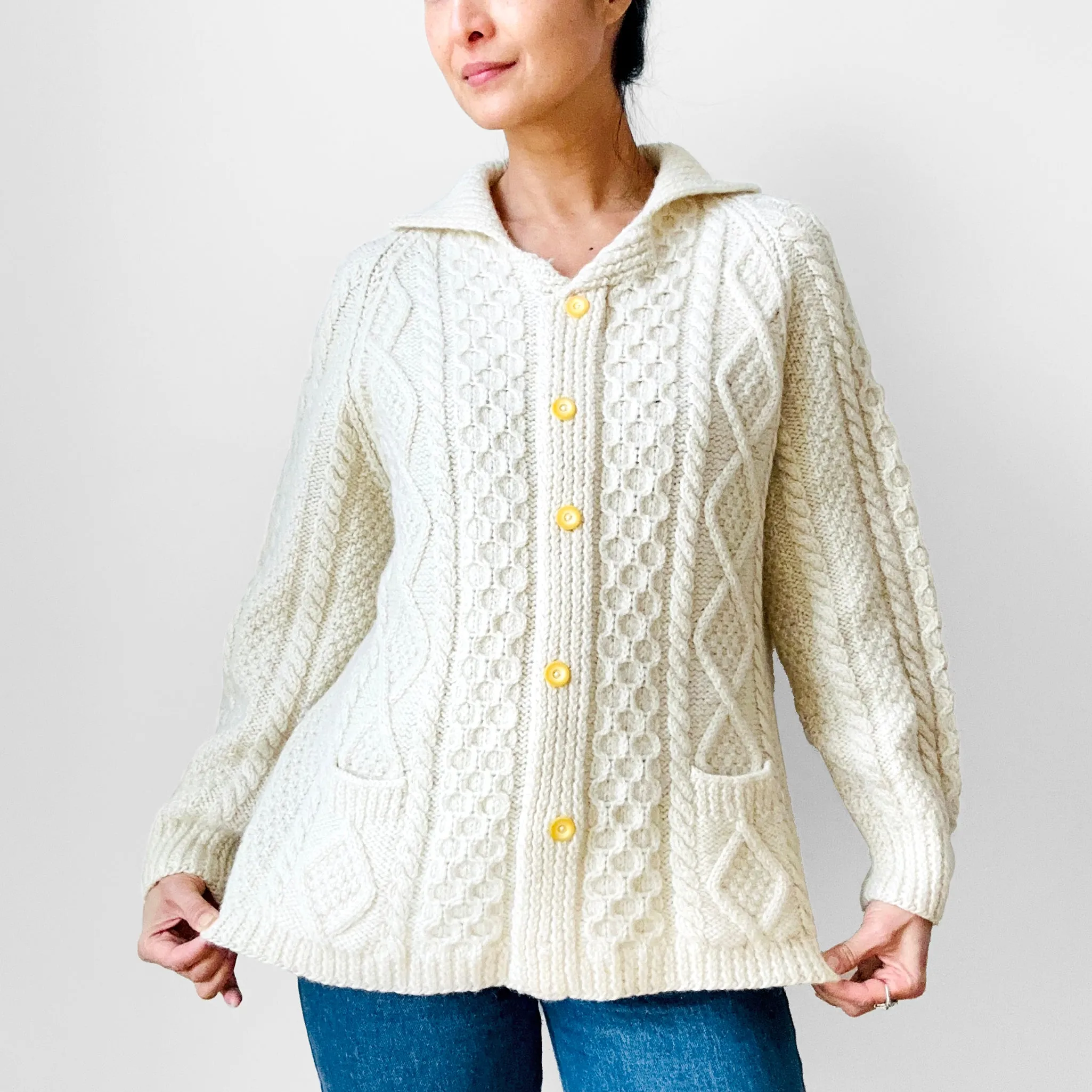 1970s Chunky Cream Wool Cable-Knit Faux Cardi Handmade Pullover Sweater - Sz. S/M