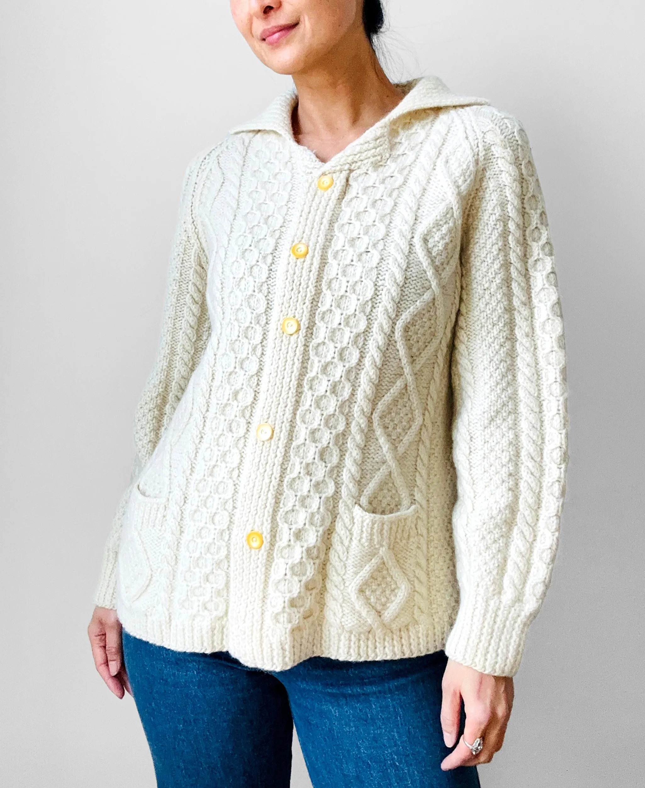 1970s Chunky Cream Wool Cable-Knit Faux Cardi Handmade Pullover Sweater - Sz. S/M