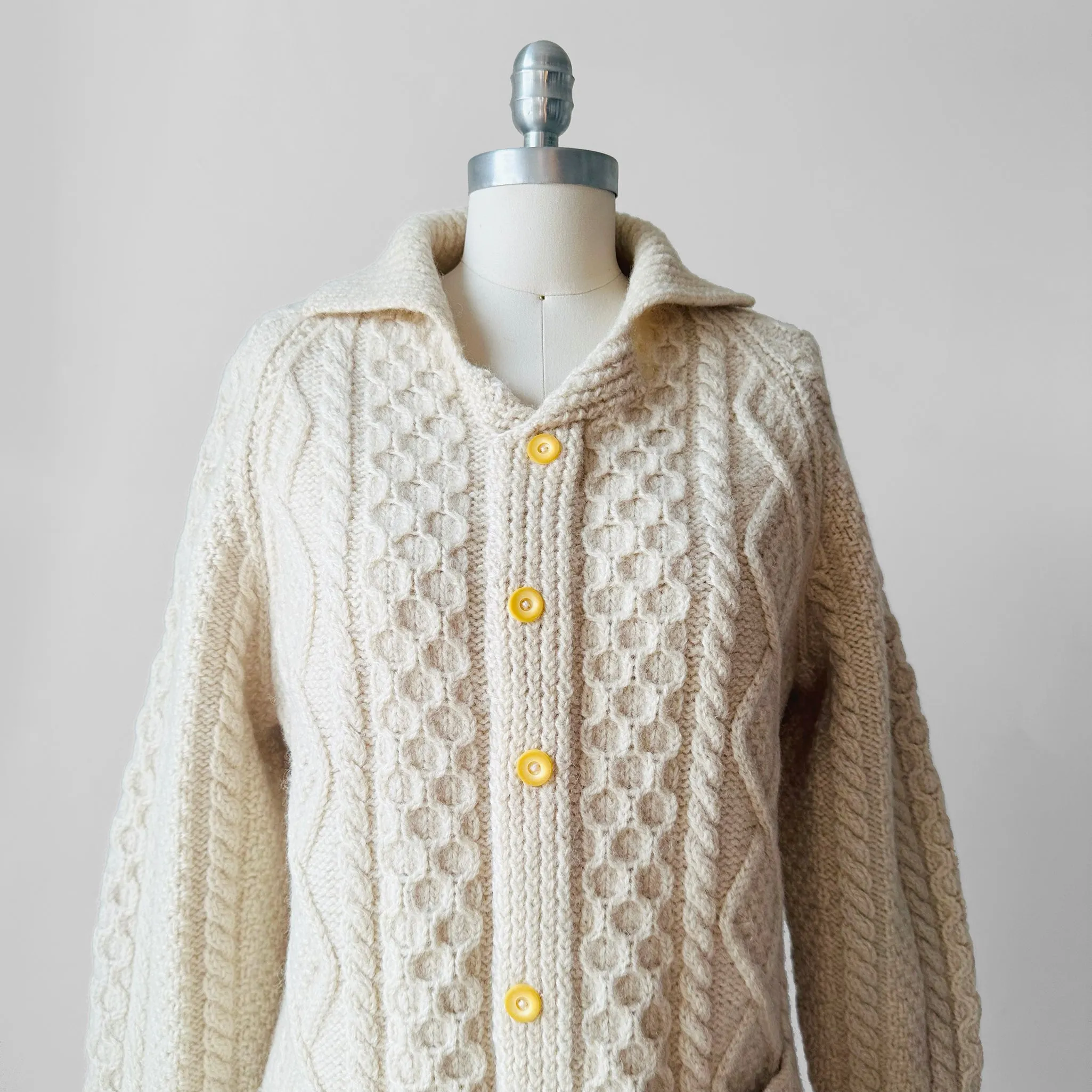 1970s Chunky Cream Wool Cable-Knit Faux Cardi Handmade Pullover Sweater - Sz. S/M