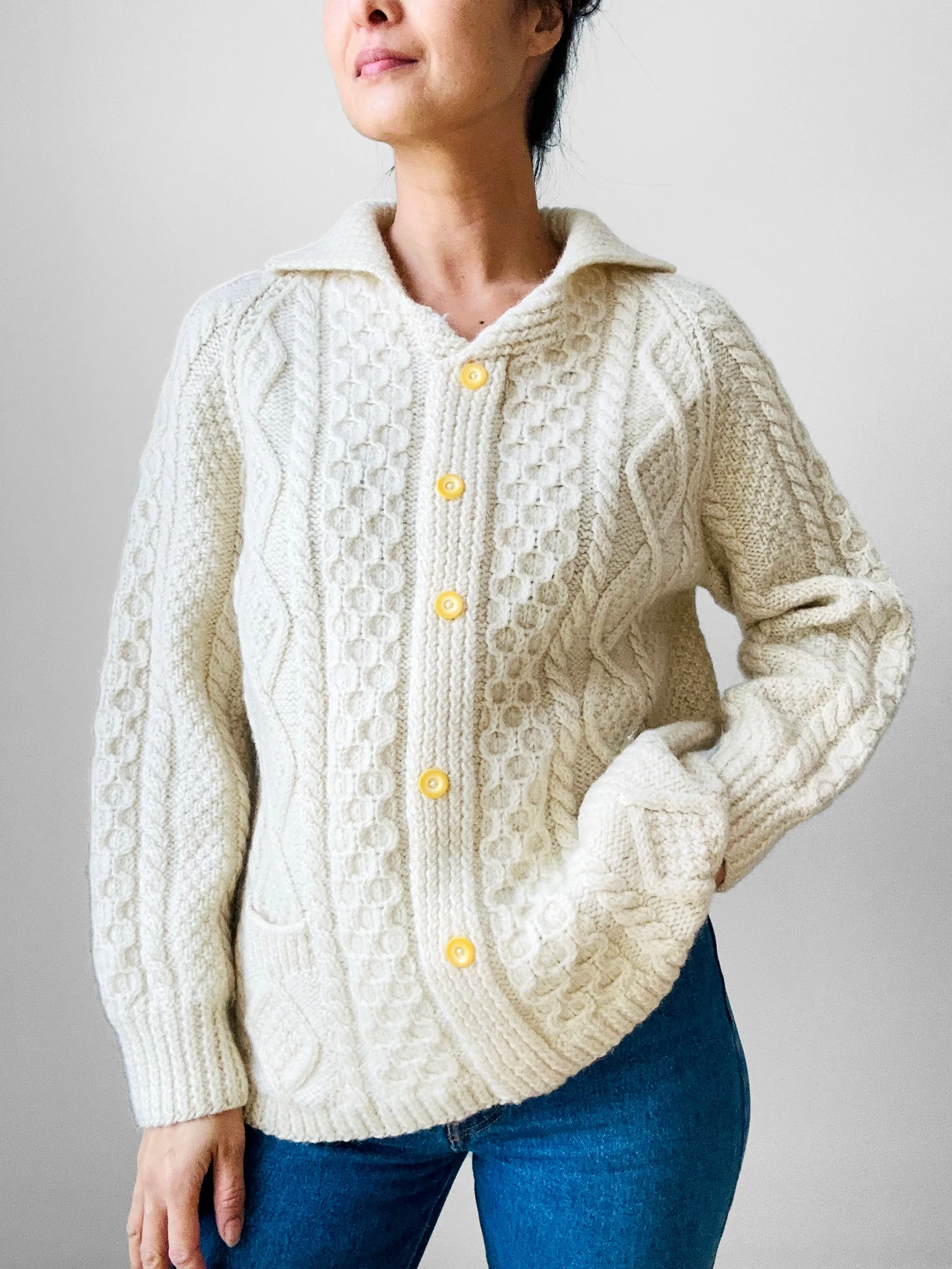 1970s Chunky Cream Wool Cable-Knit Faux Cardi Handmade Pullover Sweater - Sz. S/M