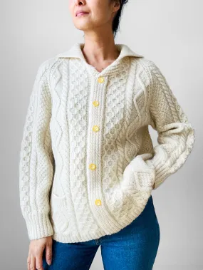 1970s Chunky Cream Wool Cable-Knit Faux Cardi Handmade Pullover Sweater - Sz. S/M