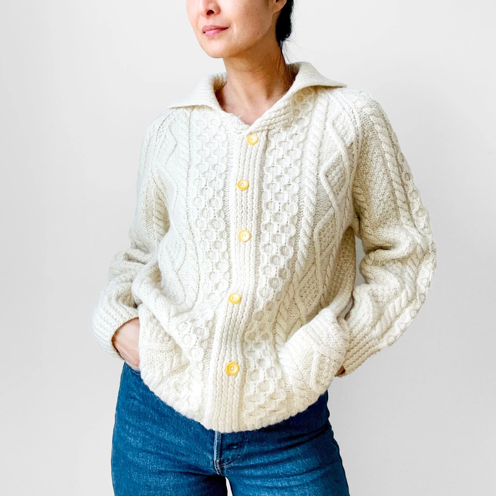 1970s Chunky Cream Wool Cable-Knit Faux Cardi Handmade Pullover Sweater - Sz. S/M