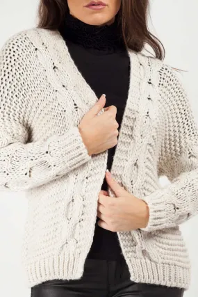 Beige Cropped Cardigan Cable Knitted