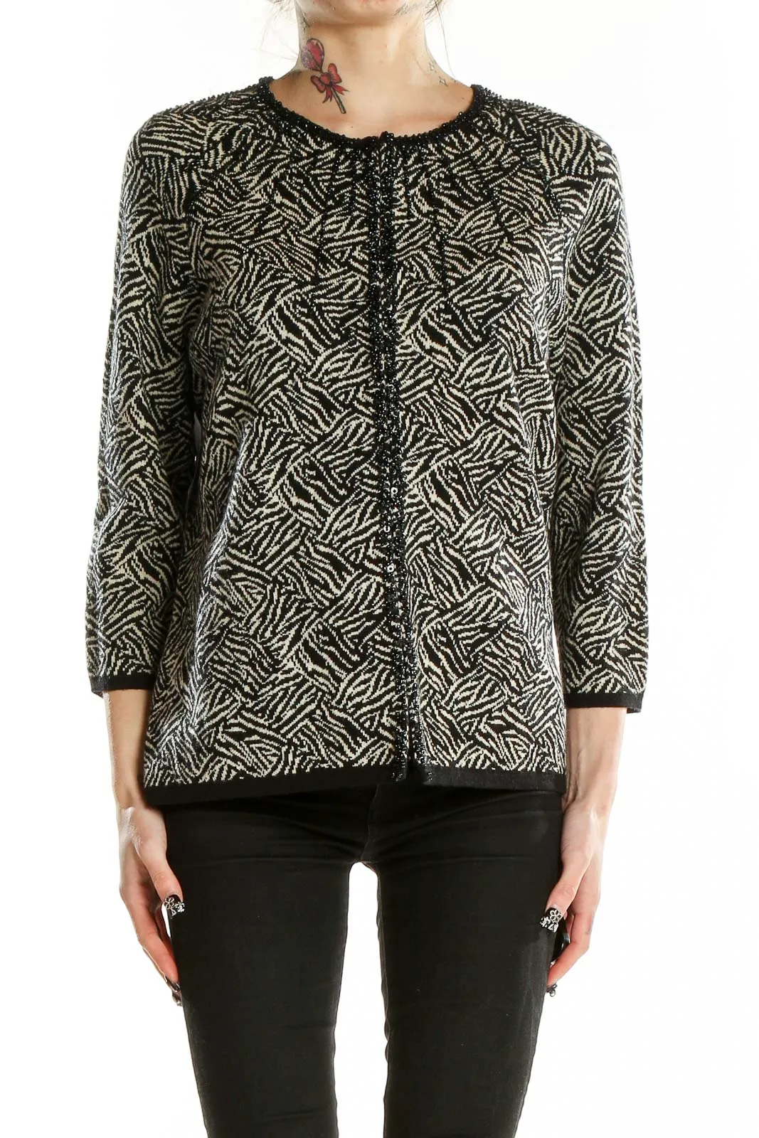 Black and Beige Patterned Cardigan