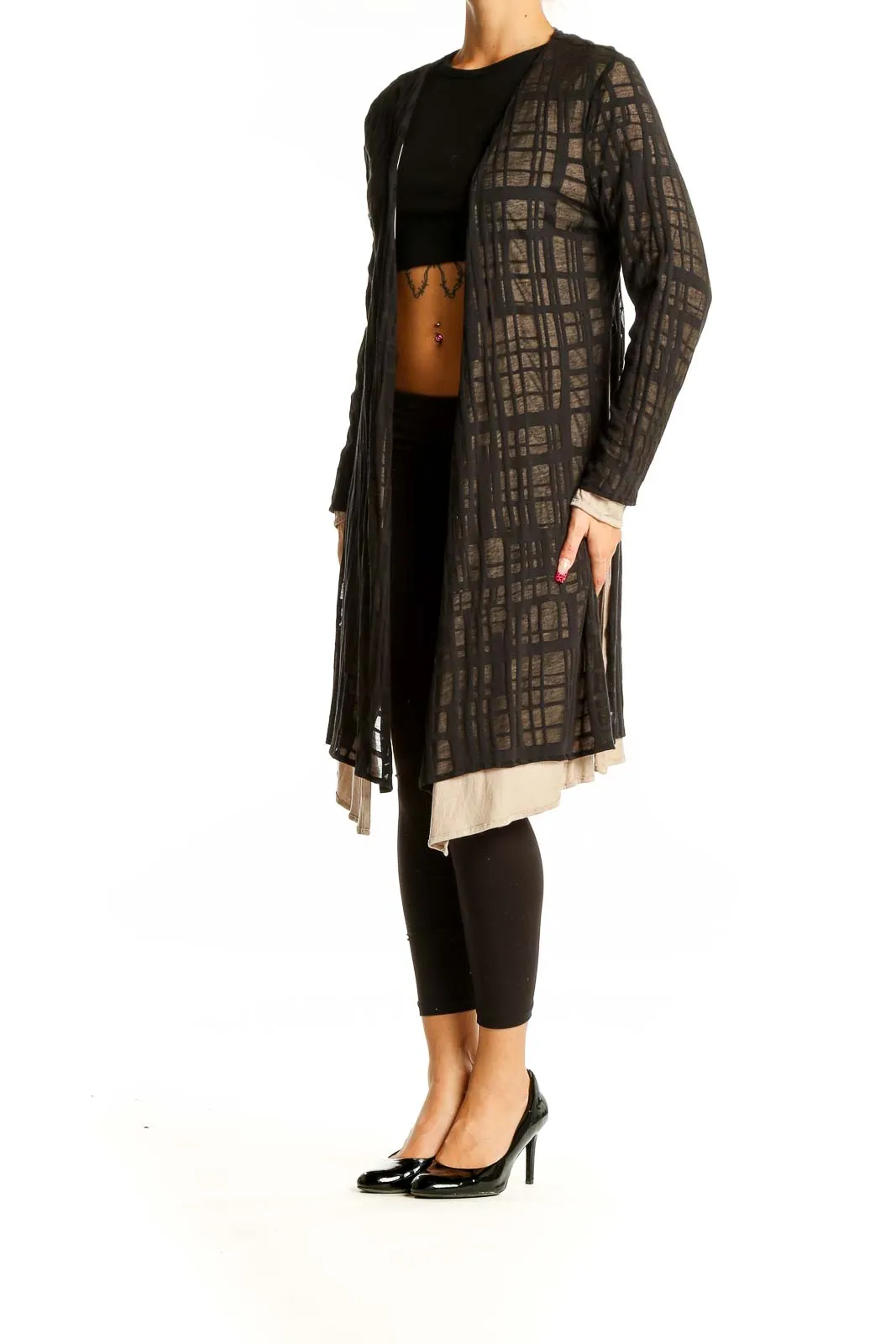 Black Sheer Geometric Patterned Long Cardigan