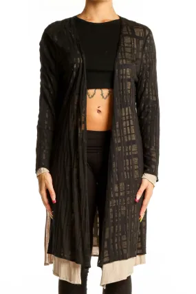 Black Sheer Geometric Patterned Long Cardigan