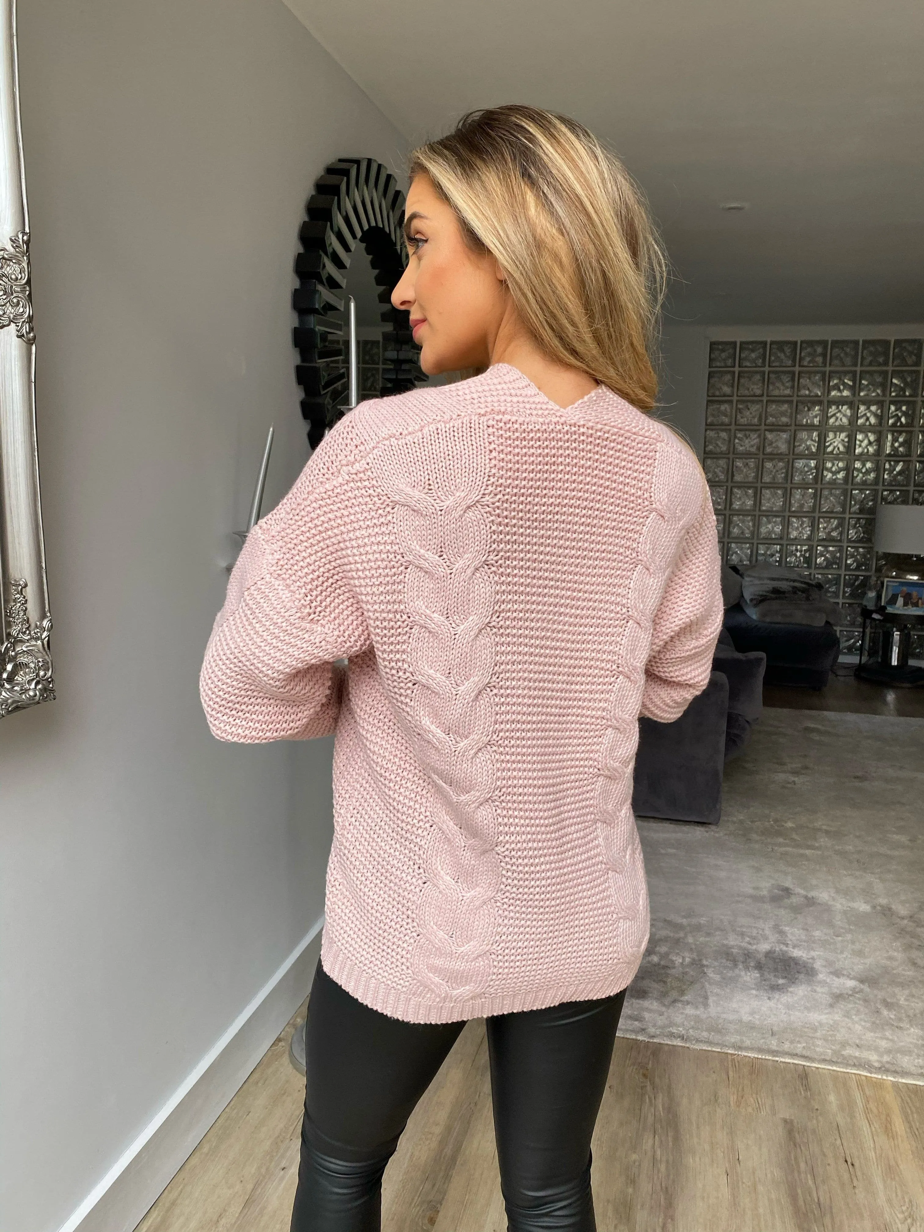Claire Chunky Cable Knit Boyfriend Cardigan in Light Pink