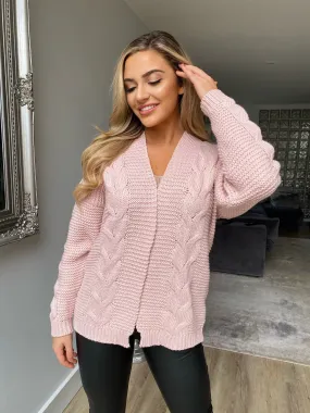 Claire Chunky Cable Knit Boyfriend Cardigan in Light Pink