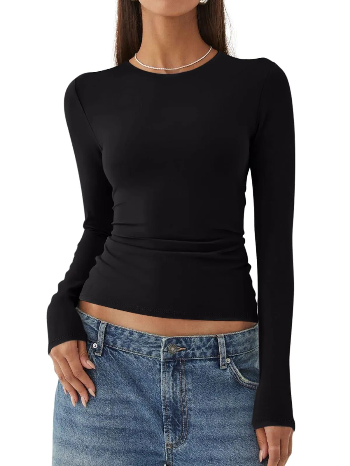 Long Sleeve Crew Neck Layering Basic Tee Going Out Tops