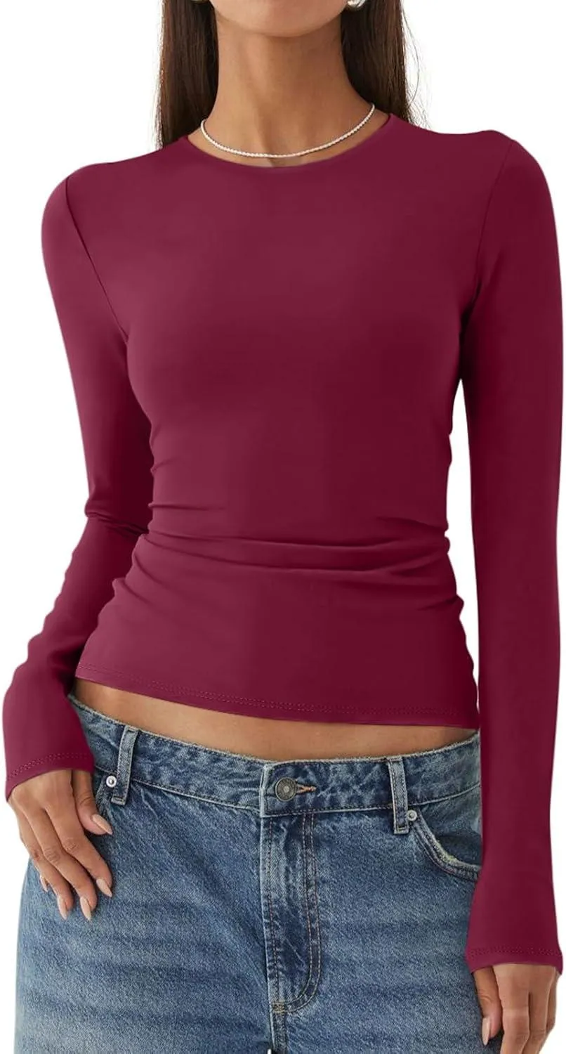 Long Sleeve Crew Neck Layering Basic Tee Going Out Tops