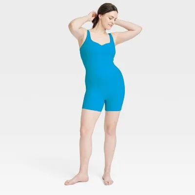 New - Women's Brushed Sculpt Rib Short Active Bodysuit - All In Motion Blue S