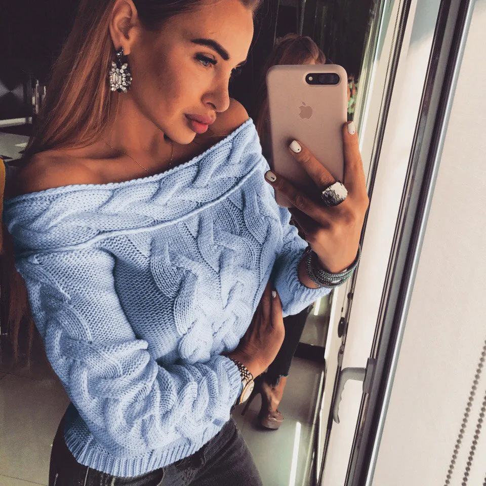 Off the Shoulder Cable Knit Women Pullover Sweater