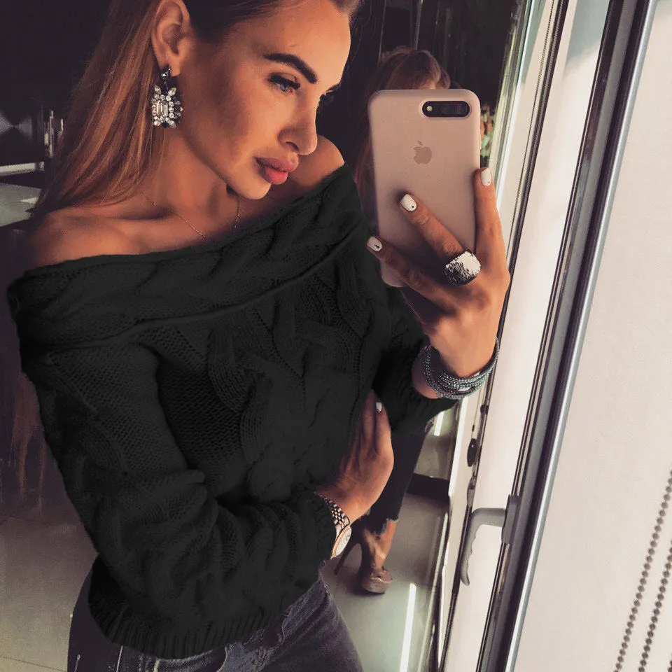 Off the Shoulder Cable Knit Women Pullover Sweater