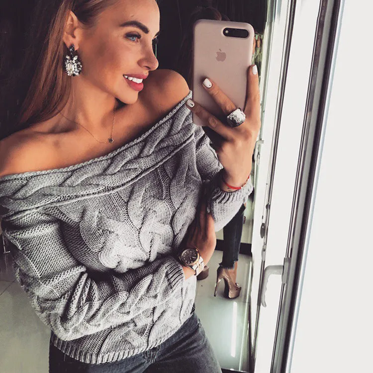 Off the Shoulder Cable Knit Women Pullover Sweater