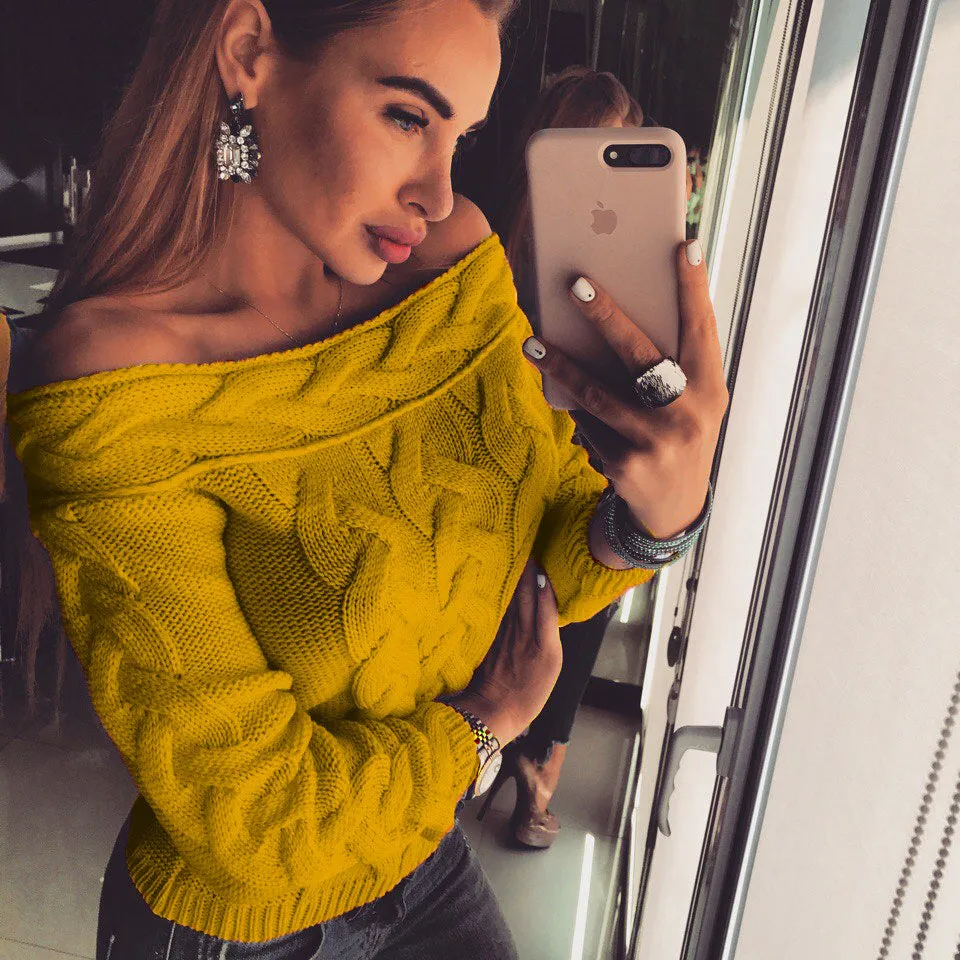 Off the Shoulder Cable Knit Women Pullover Sweater