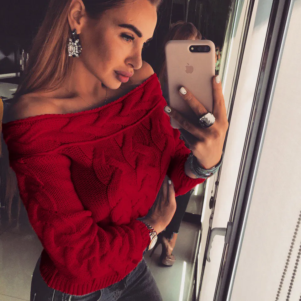 Off the Shoulder Cable Knit Women Pullover Sweater