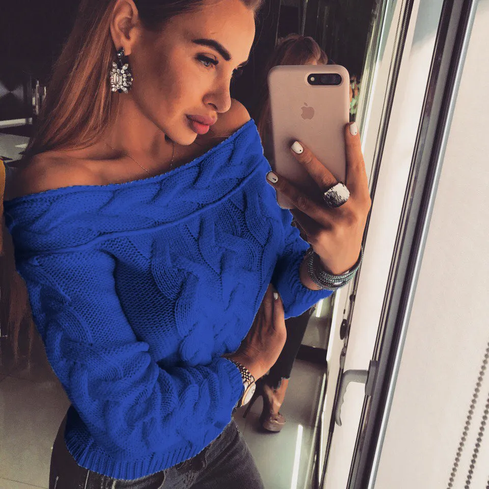 Off the Shoulder Cable Knit Women Pullover Sweater