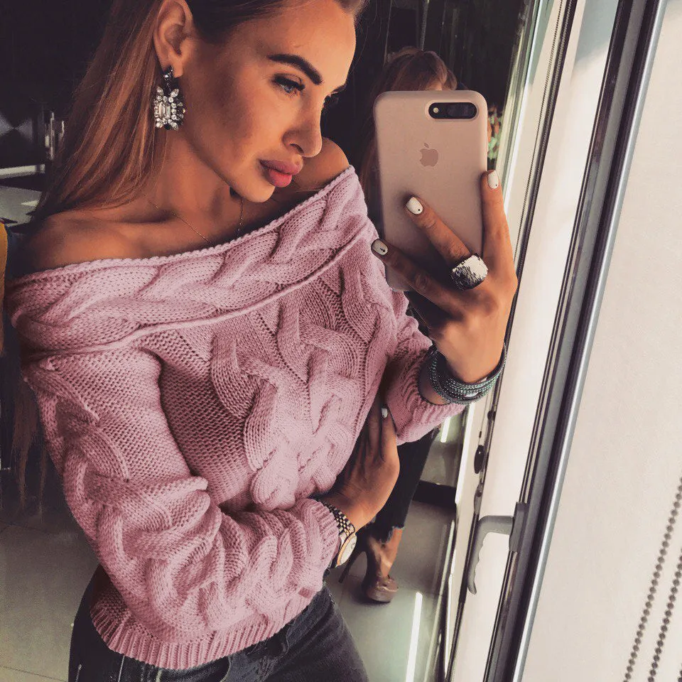 Off the Shoulder Cable Knit Women Pullover Sweater