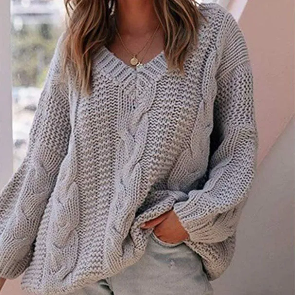 Oversized V Neck Chunky Cable Knitted Sweater