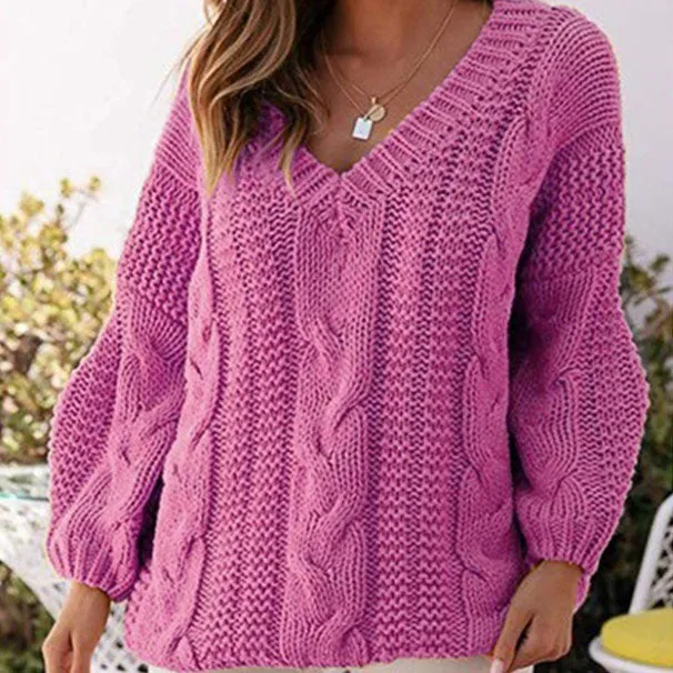 Oversized V Neck Chunky Cable Knitted Sweater