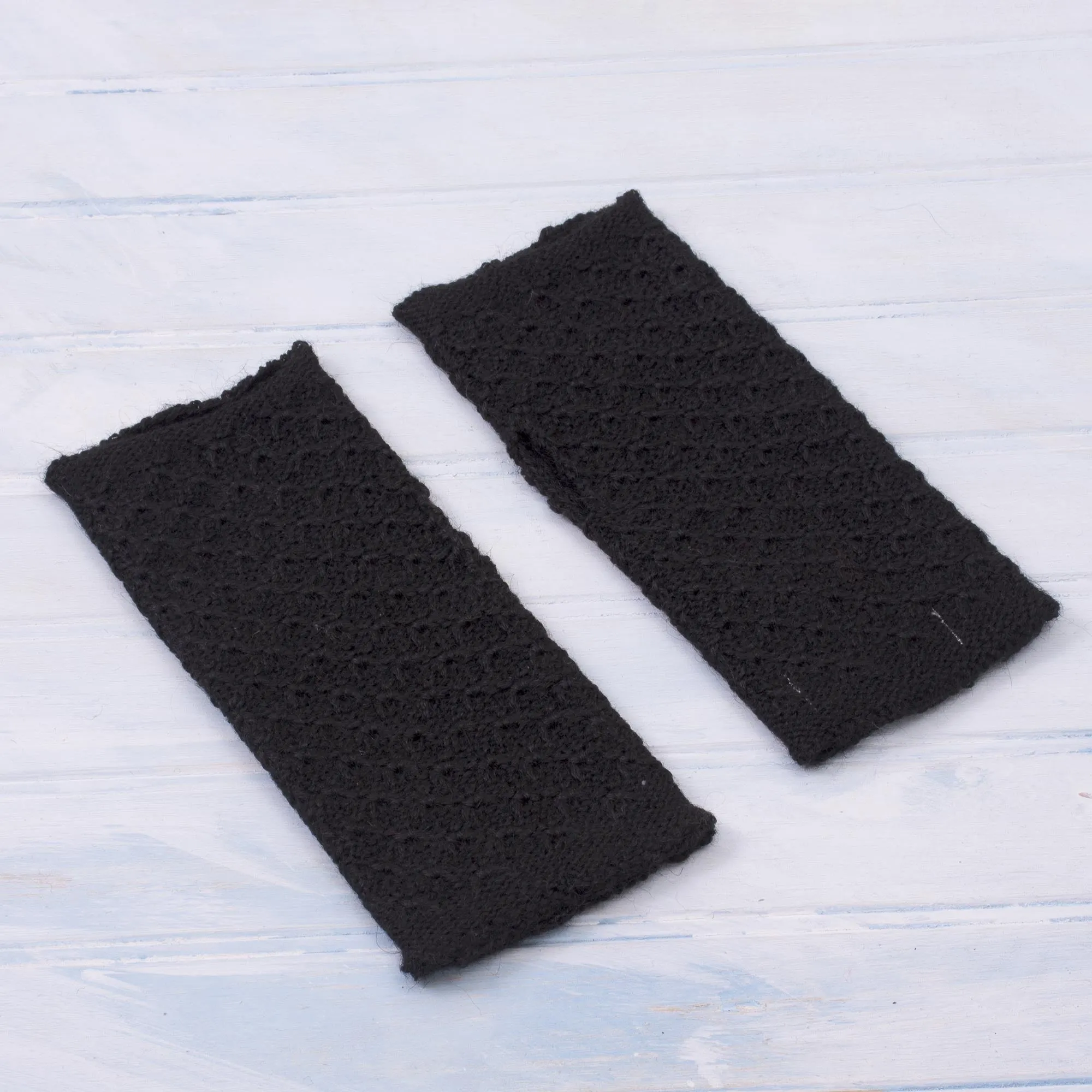 Patterned 100% Baby Alpaca Fingerless Mitts in Black - Passionate Pattern in Black | NOVICA
