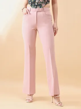 Pink Polyester & Viscose Blend Belly Bottom Stretch Pants