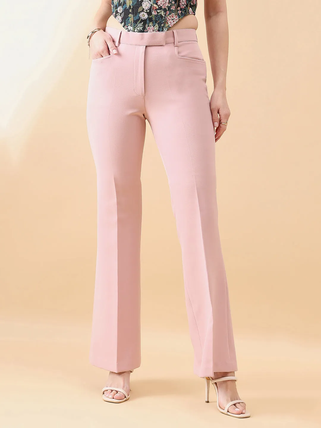 Pink Polyester & Viscose Blend Belly Bottom Stretch Pants