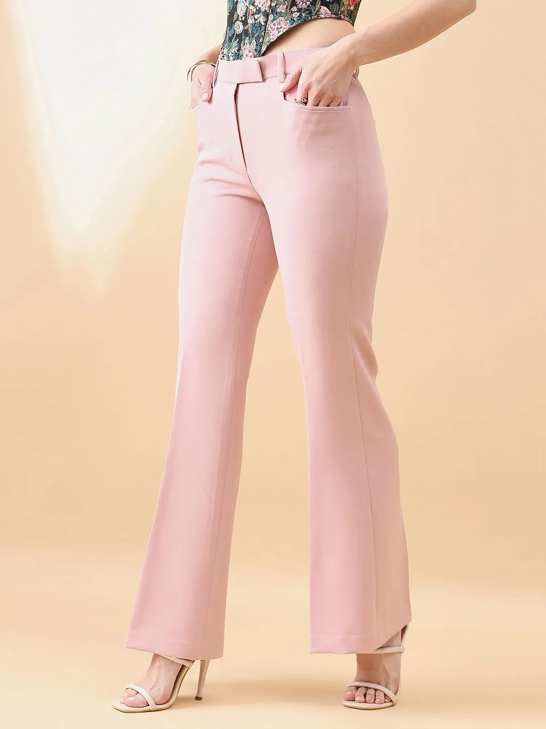 Pink Polyester & Viscose Blend Belly Bottom Stretch Pants