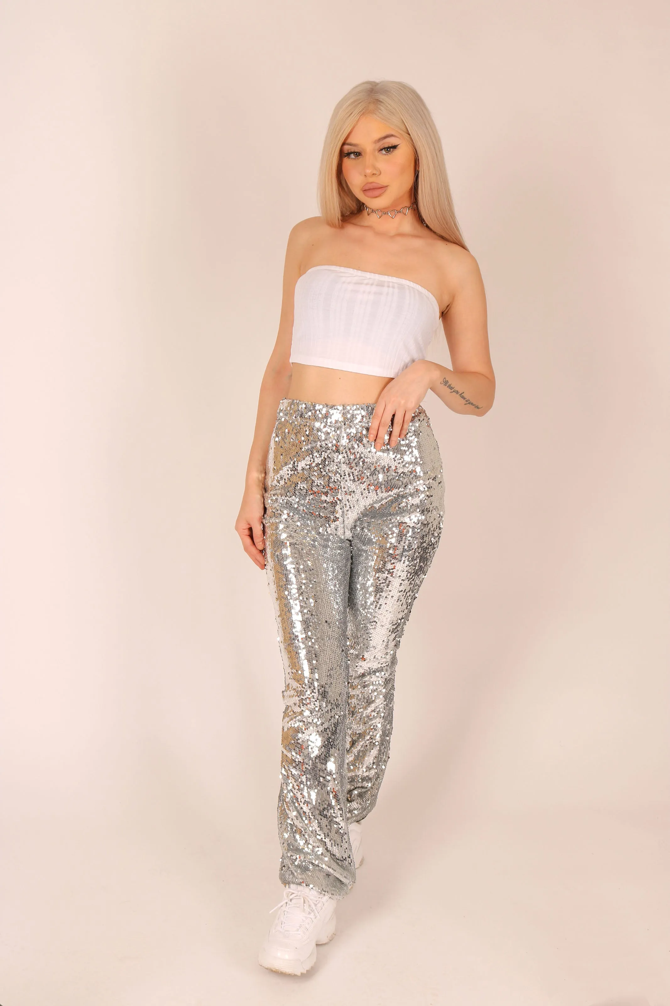 Silver Sequin High Rise Flare