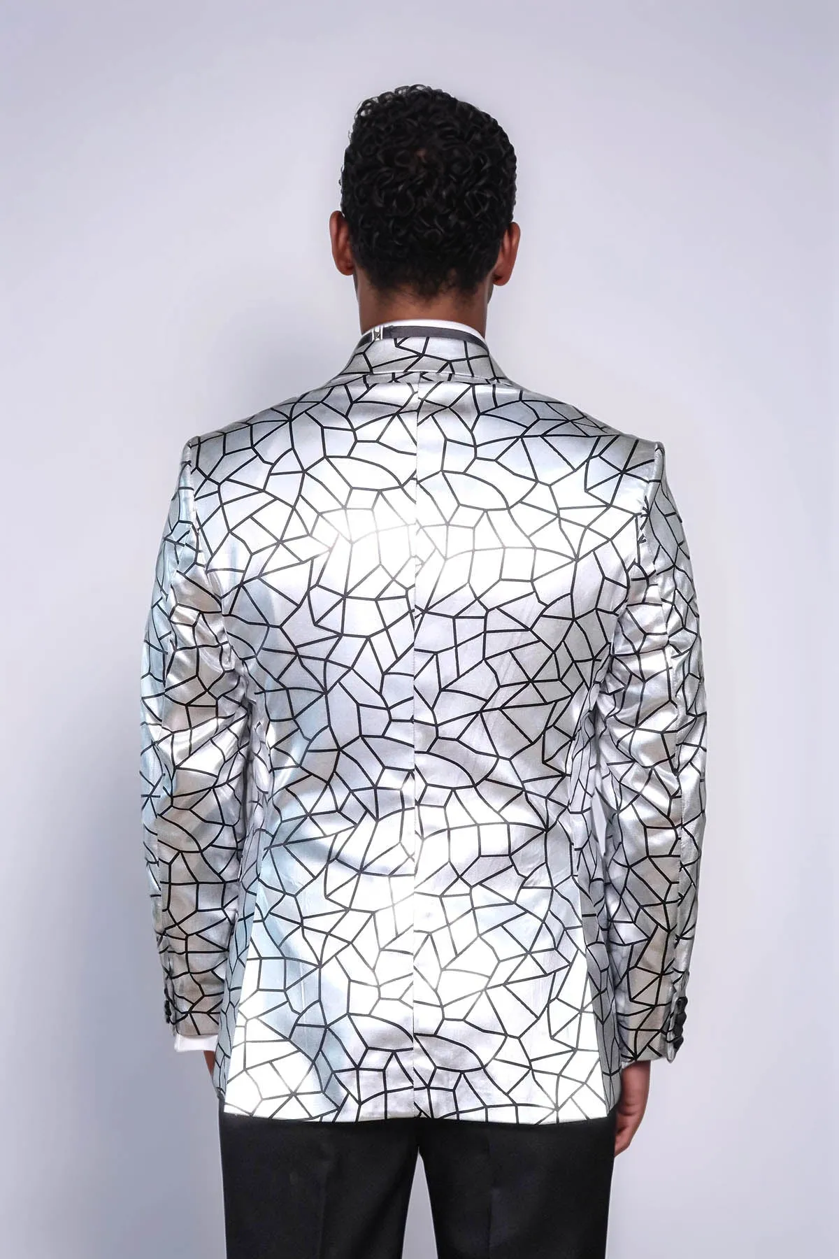 Slim Fit Black Patterned Grey Men Stage Performance Jacket - Wessi