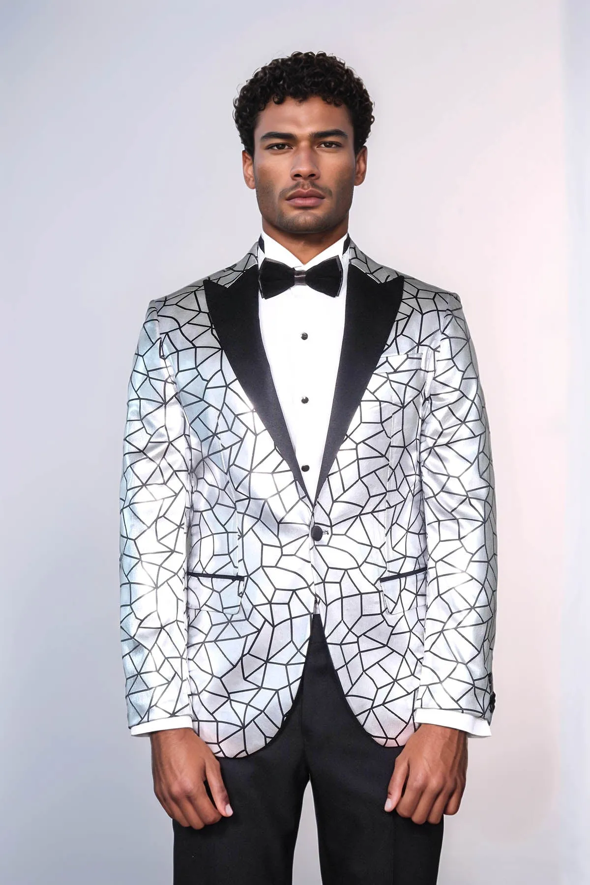 Slim Fit Black Patterned Grey Men Stage Performance Jacket - Wessi