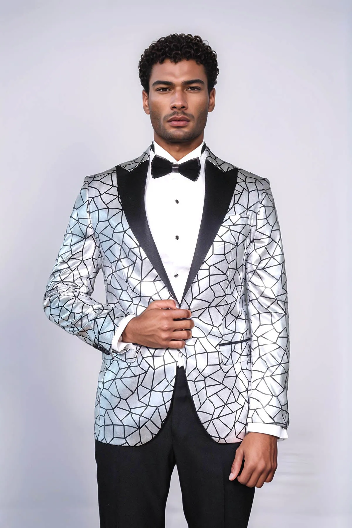 Slim Fit Black Patterned Grey Men Stage Performance Jacket - Wessi