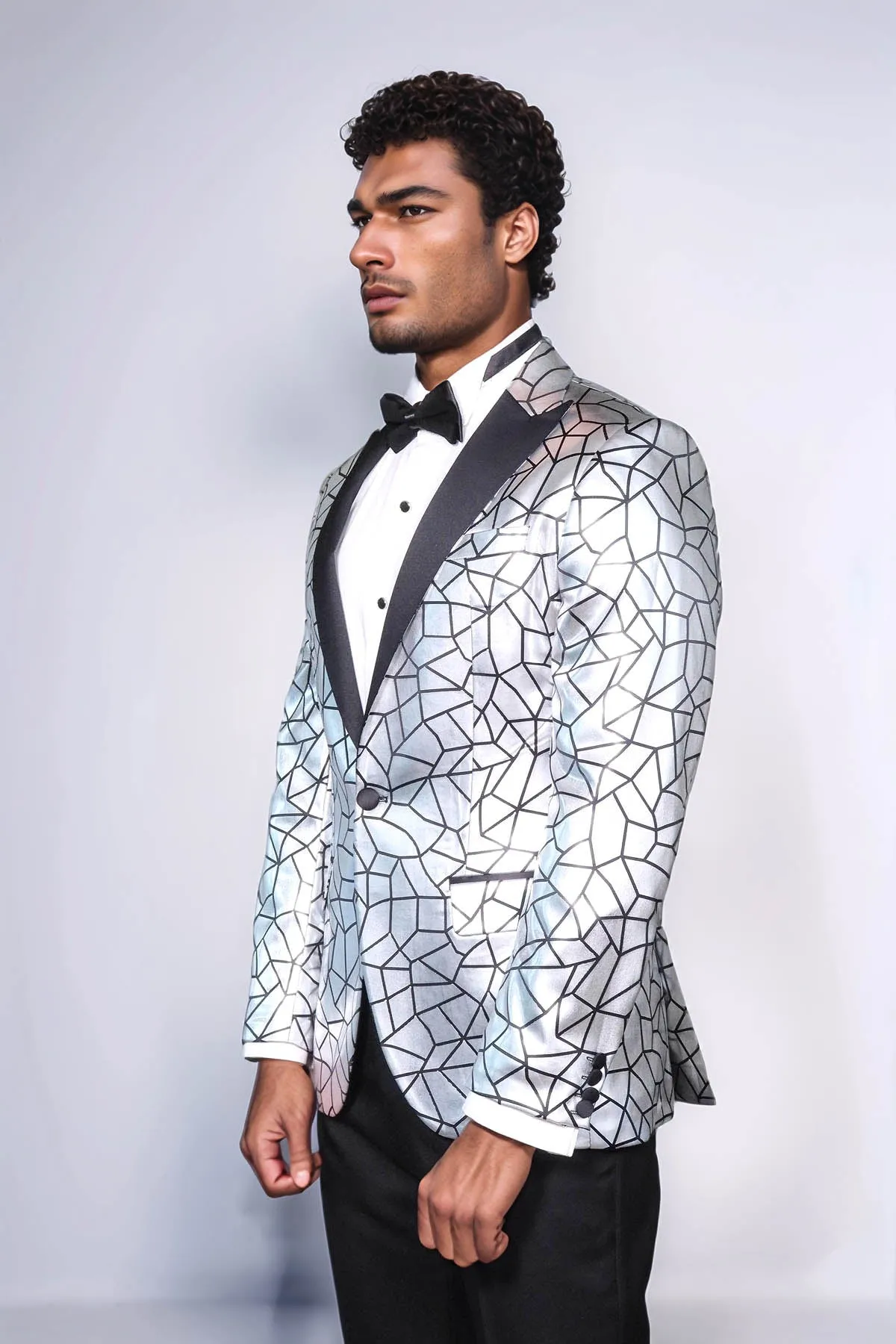 Slim Fit Black Patterned Grey Men Stage Performance Jacket - Wessi