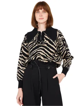 Suncoo Patern Quarter Zip Funnel Neck Sweater - Black and White Pattern