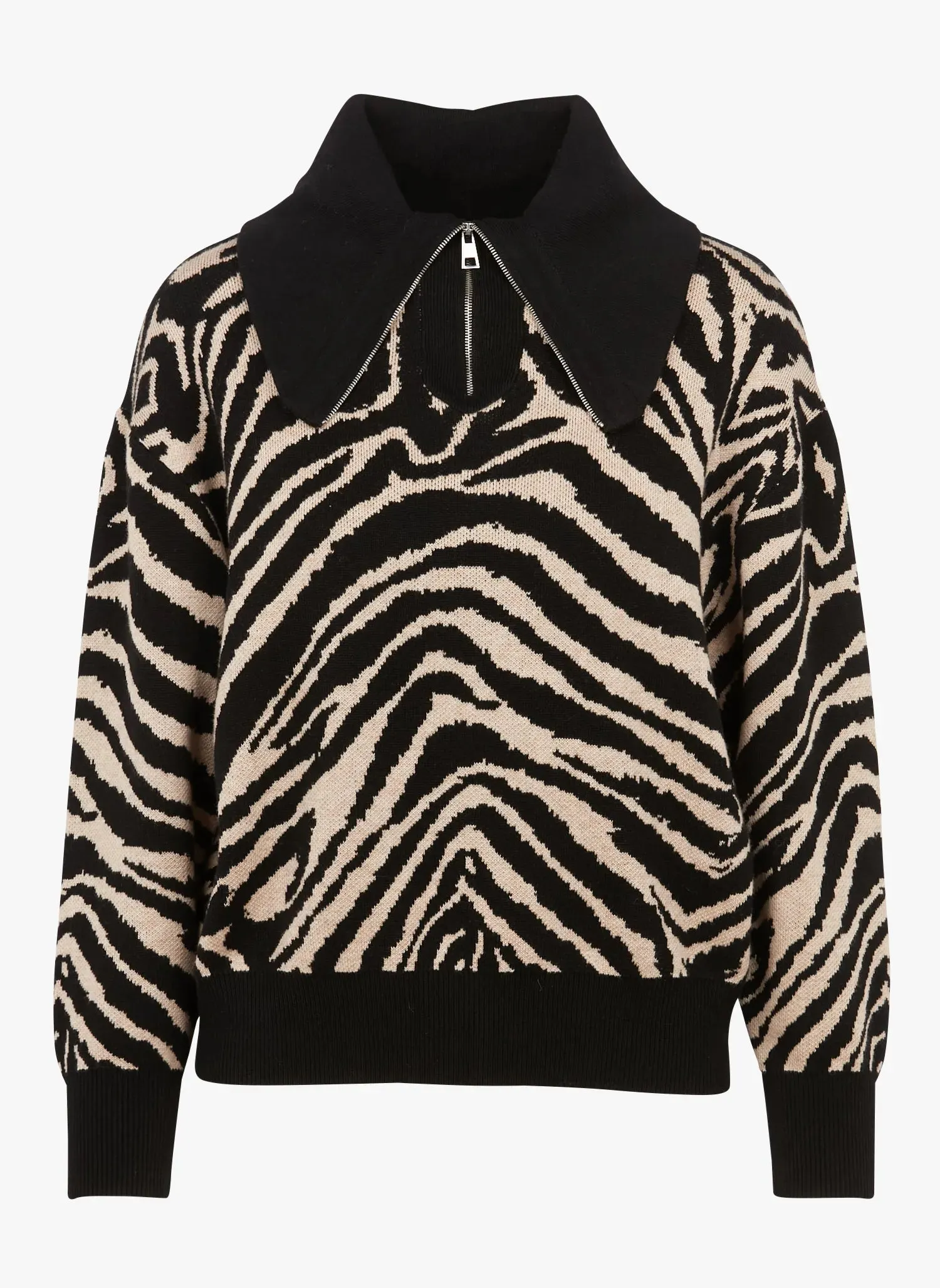 Suncoo Patern Quarter Zip Funnel Neck Sweater - Black and White Pattern