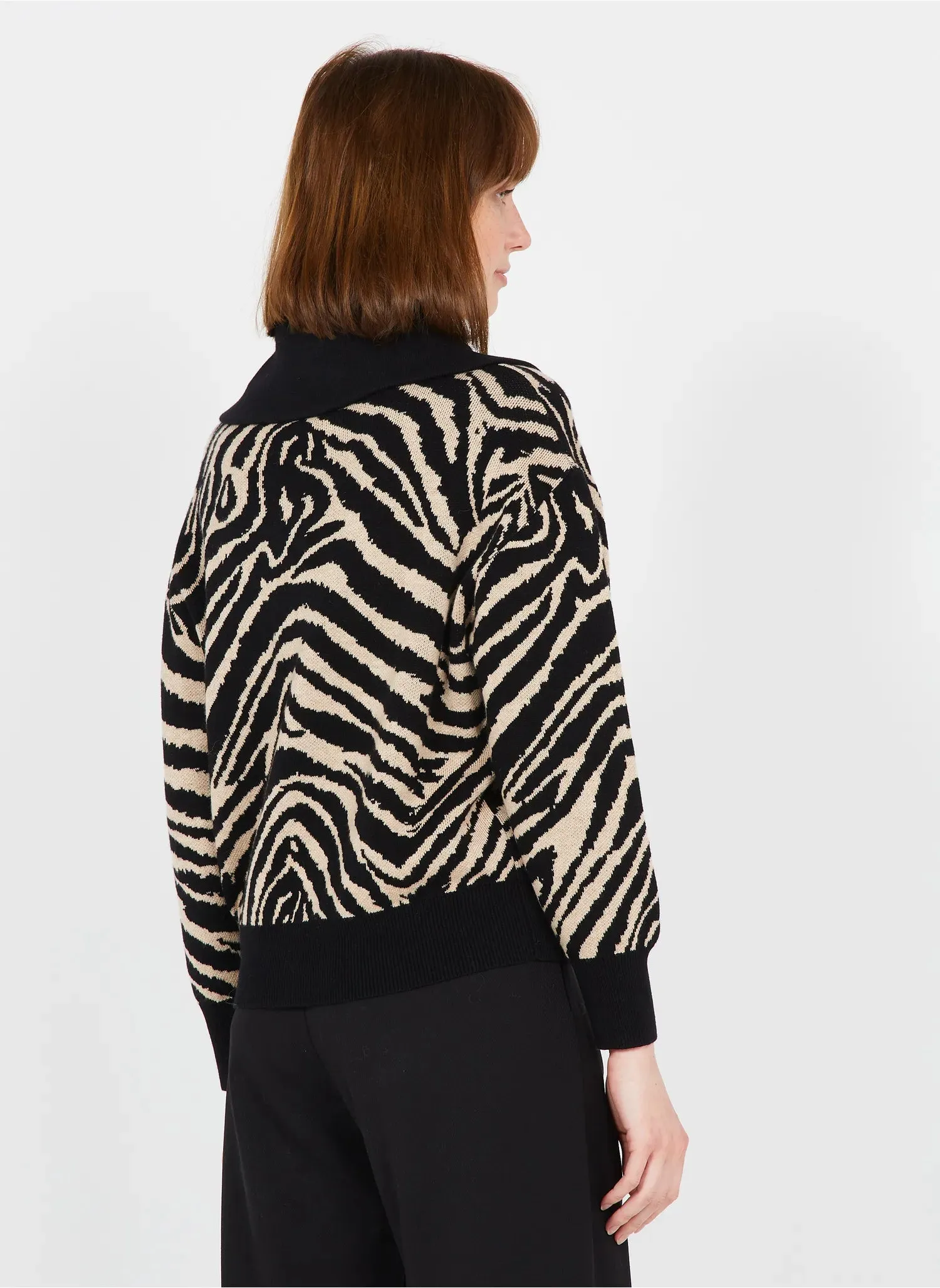 Suncoo Patern Quarter Zip Funnel Neck Sweater - Black and White Pattern