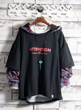 Tide brand hip hop fake two hooded sweater men's personality national grid stitching hooded shirt Japanese plaid jacket