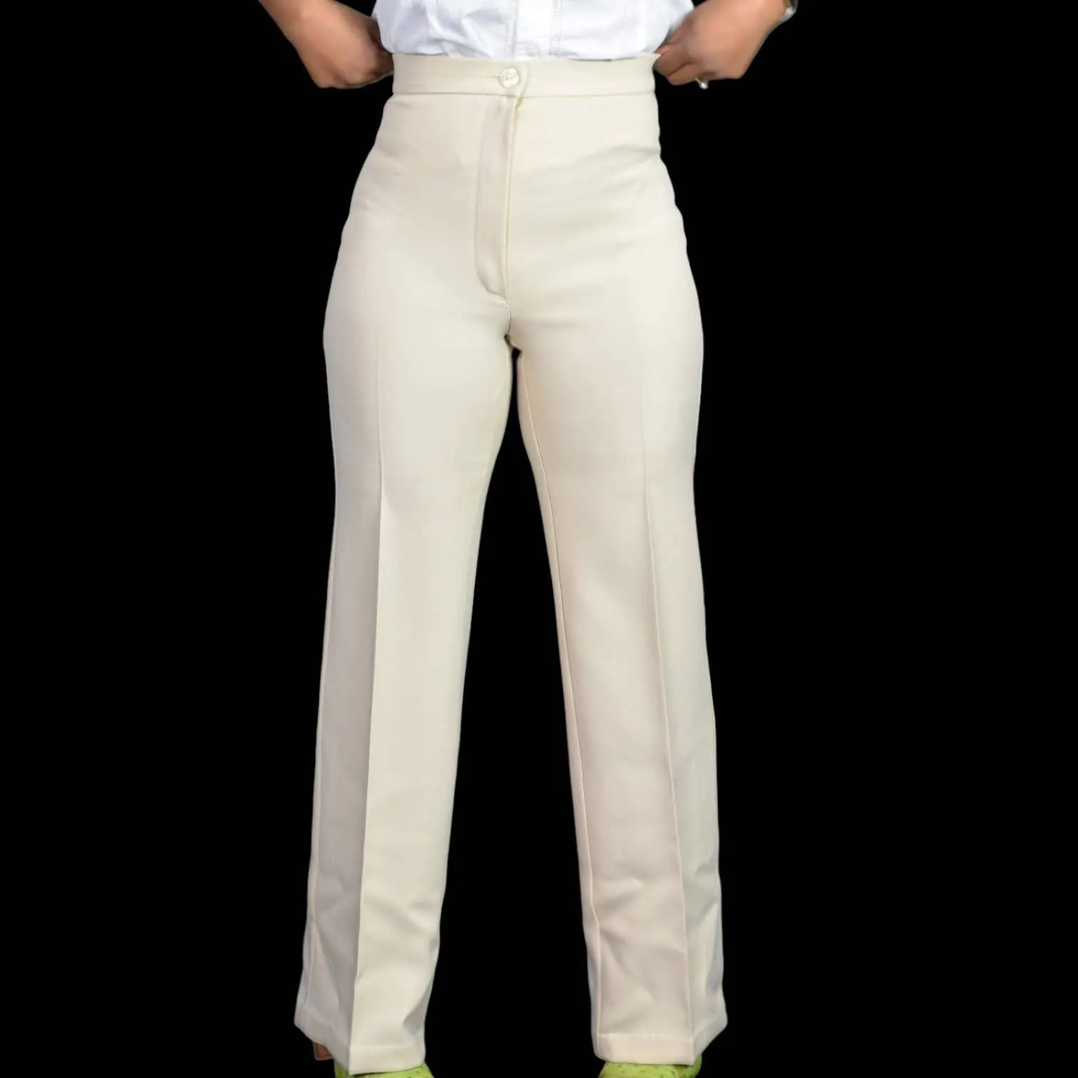 Vintage Polyester Pants Beige Trousers 70s Wide Leg High Waist Neutral Size 4 27