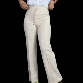 Vintage Polyester Pants Beige Trousers 70s Wide Leg High Waist Neutral Size 4 27