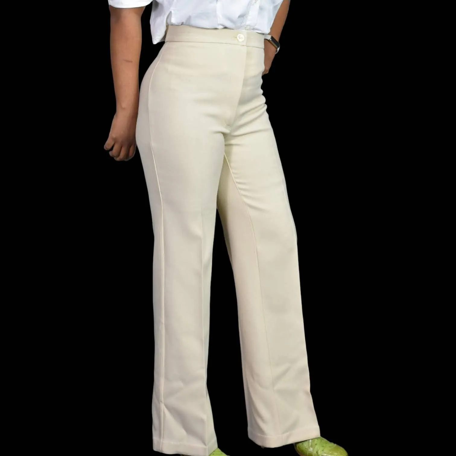 Vintage Polyester Pants Beige Trousers 70s Wide Leg High Waist Neutral Size 4 27