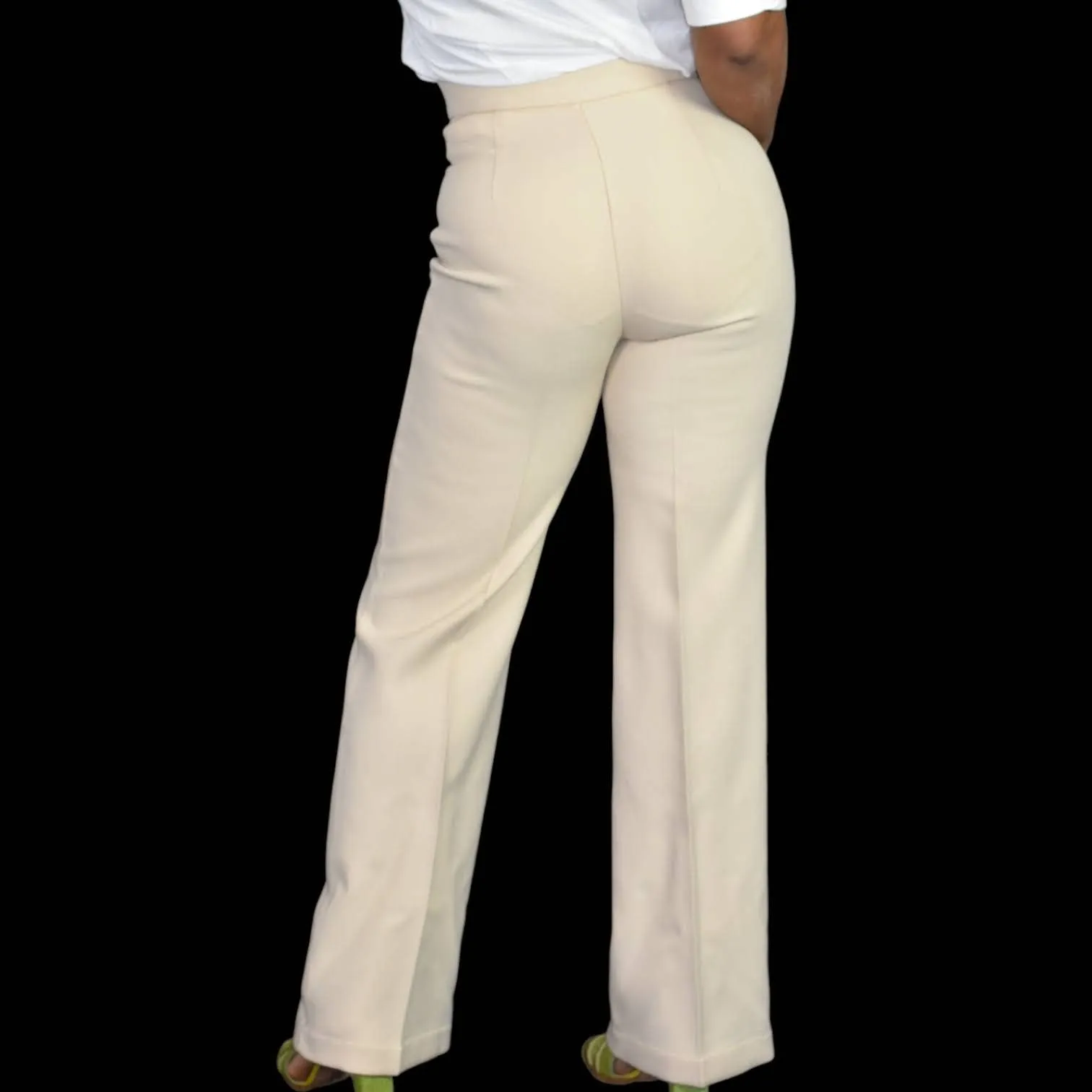 Vintage Polyester Pants Beige Trousers 70s Wide Leg High Waist Neutral Size 4 27