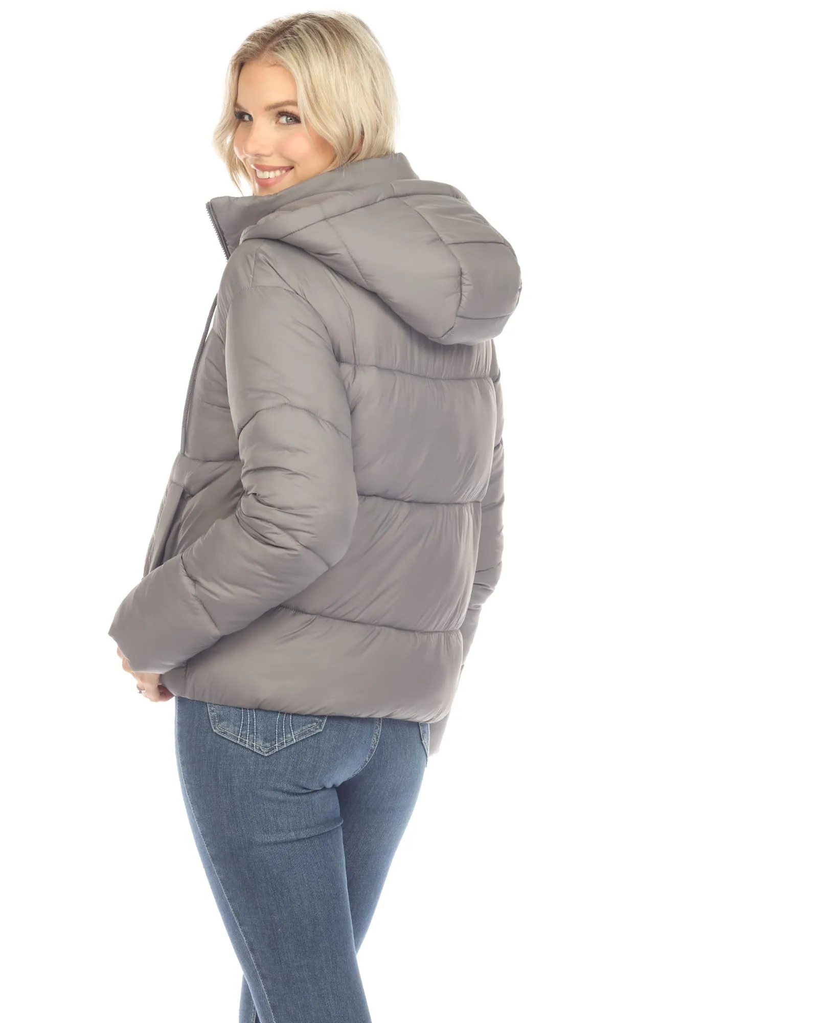 Women's Full Front Zip Hooded Bomber Puffer Coat | Grey