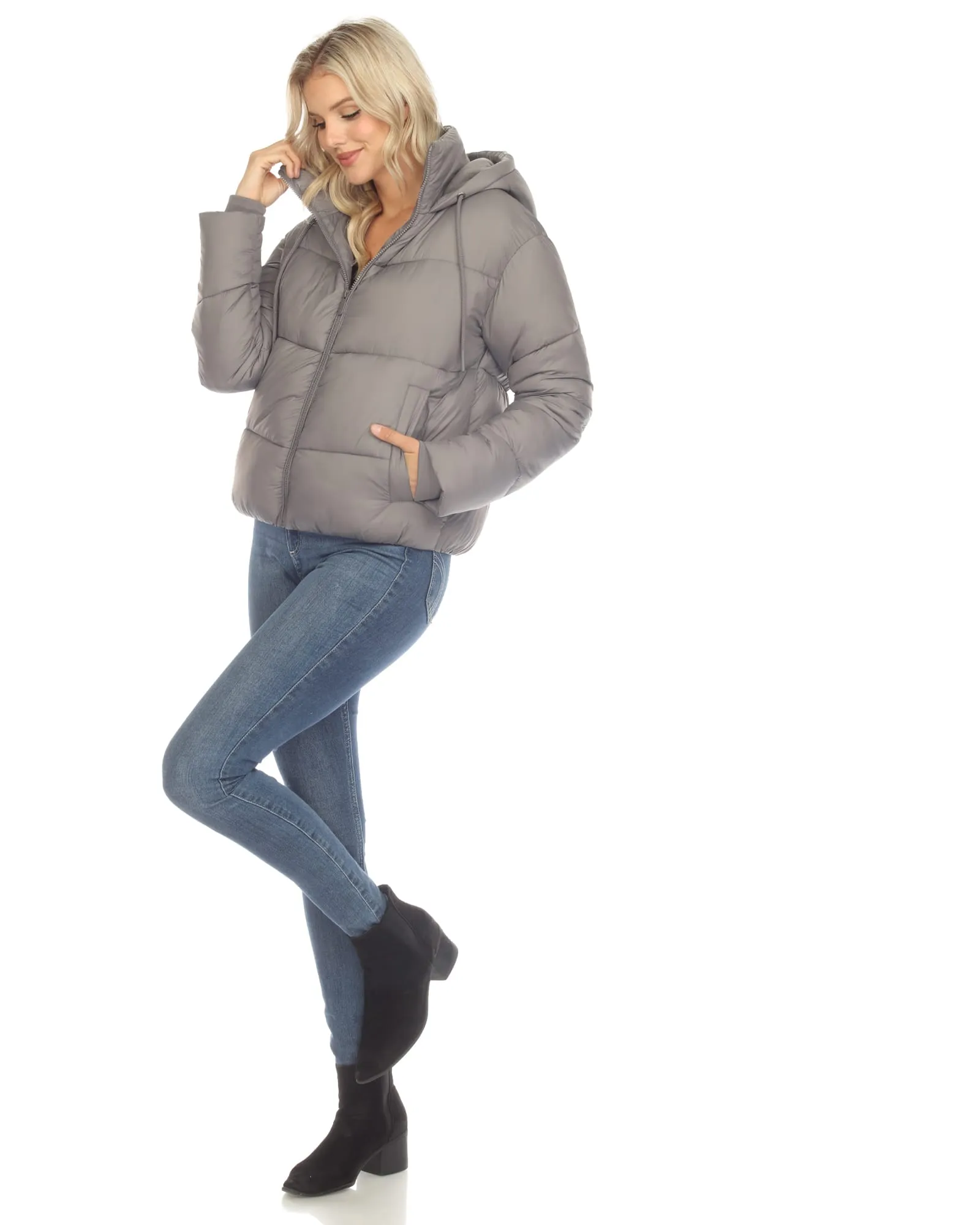 Women's Full Front Zip Hooded Bomber Puffer Coat | Grey