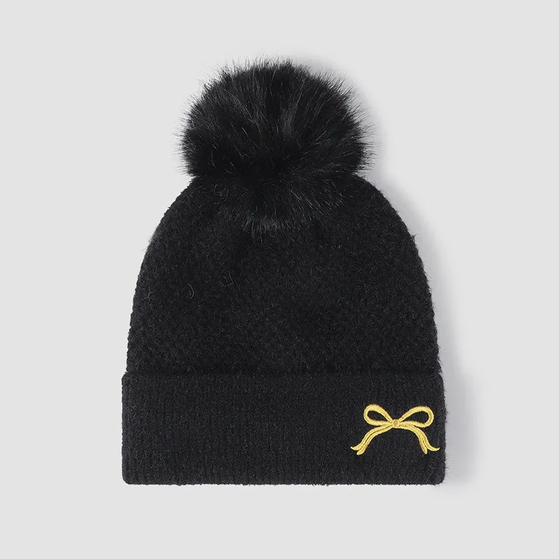 Women's Thermal Knit Beanie with Bow and Pompom
