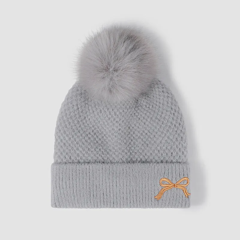 Women's Thermal Knit Beanie with Bow and Pompom
