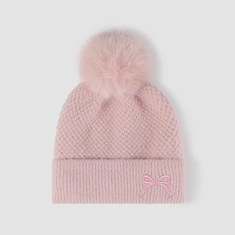Women's Thermal Knit Beanie with Bow and Pompom